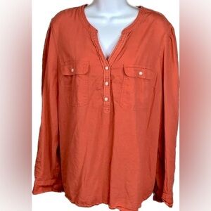 Tommy Hilfiger 1X Linen Top Pink Dress Blouse Pullover Shirt Long Sleeve Coral